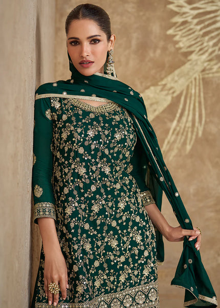 Dark Green Embroidered Sharara Suit