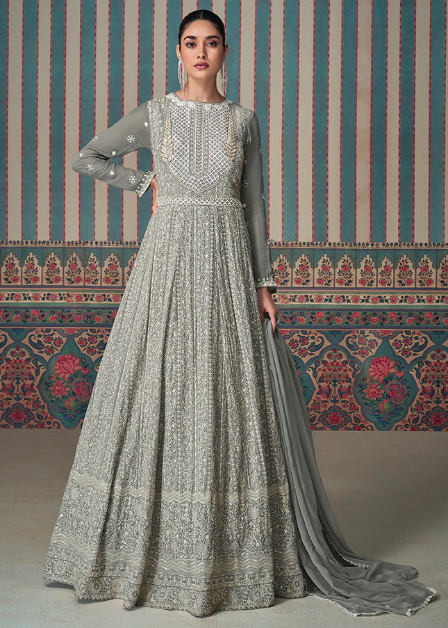 Grey Embroidered Anarkali Gown