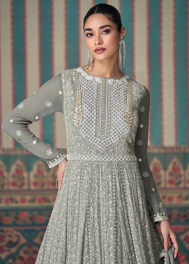 Grey Embroidered Anarkali Gown