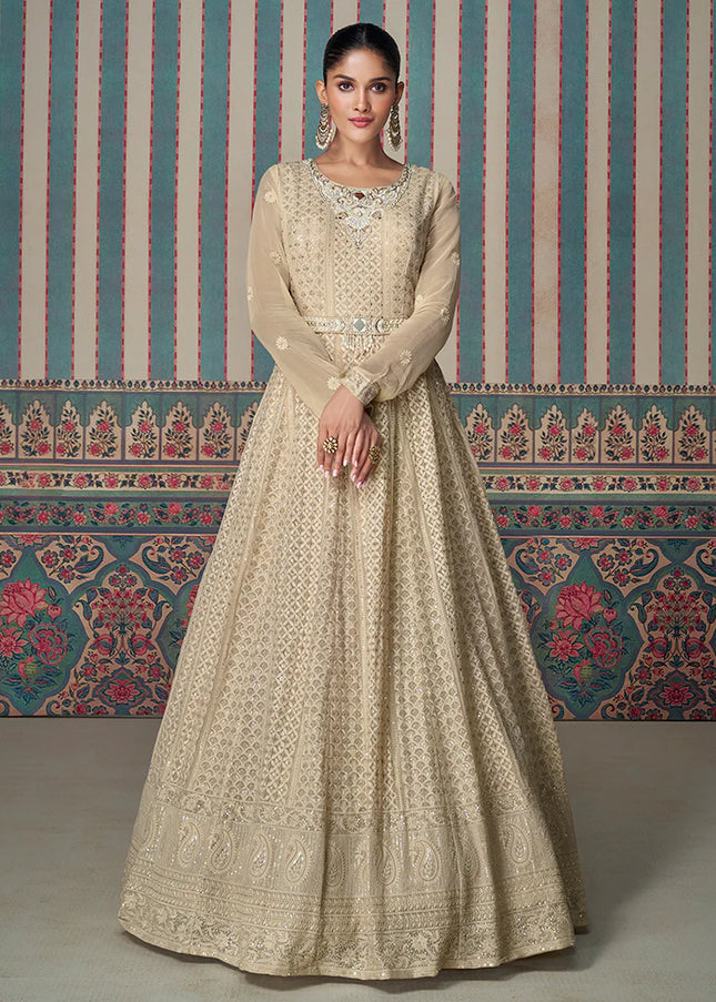 Beige Embroidered Anarkali Gown