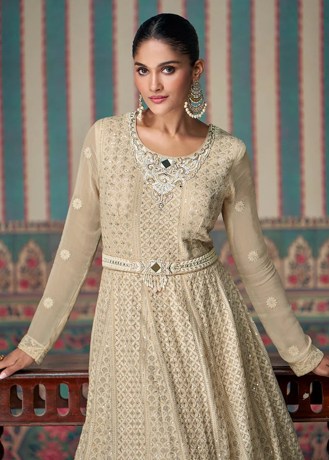 Beige Embroidered Anarkali Gown