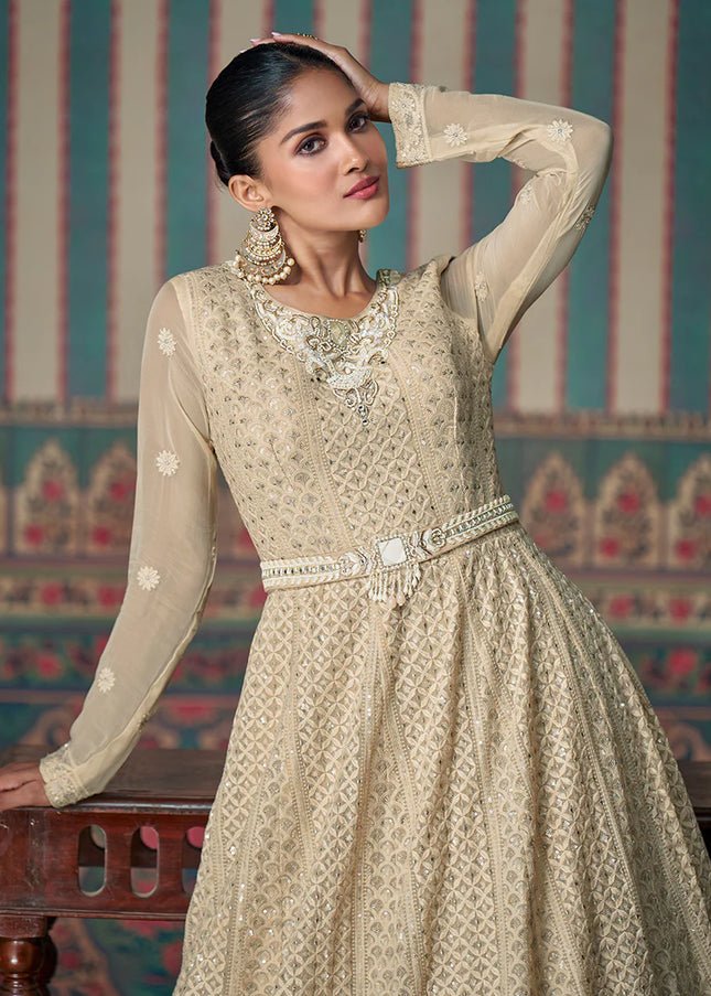 Beige Embroidered Anarkali Gown