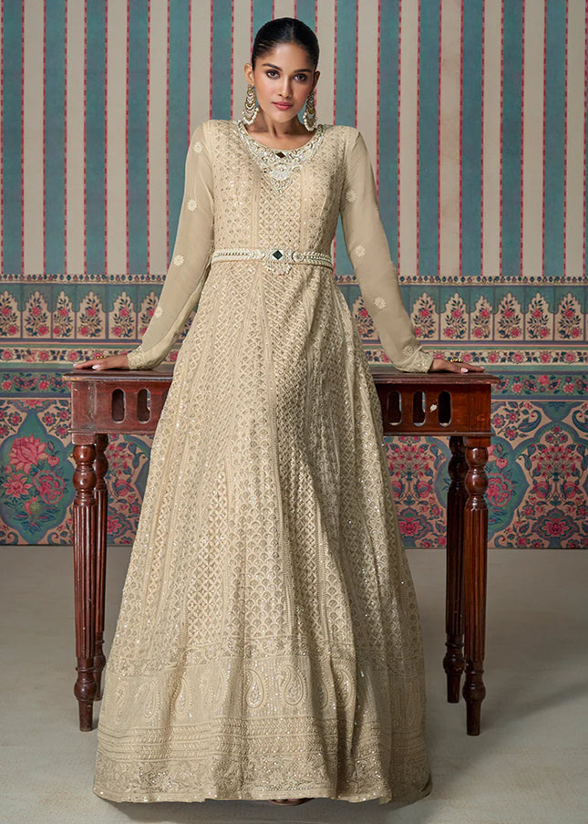 Beige Embroidered Anarkali Gown