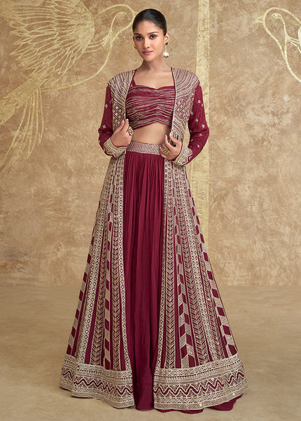 Maroon Embroidered Jacket Style Lehenga