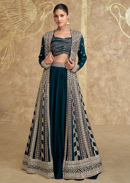 Deep Turquoise Embroidered Jacket Style Lehenga