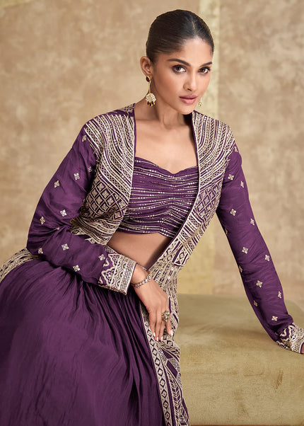 Purple Embroidered Jacket Style Lehenga