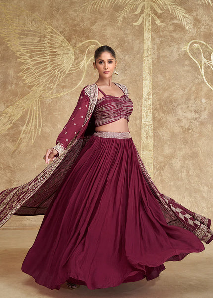 Maroon Embroidered Jacket Style Lehenga