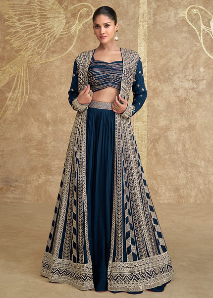 Violet Embroidered Jacket Style Lehenga