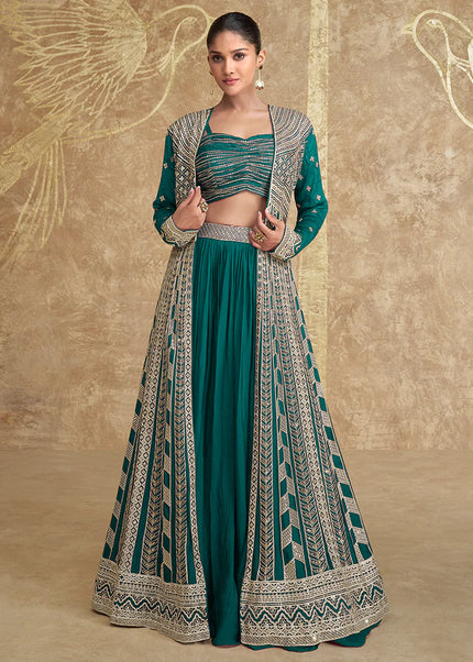 Green Embroidered Jacket Style Lehenga