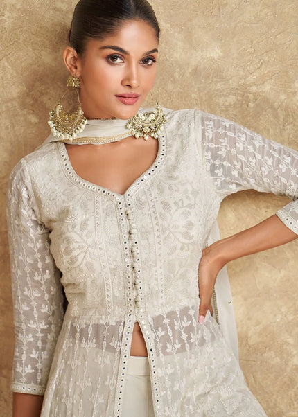 White Embroidered Jacket Style Sharara Suit