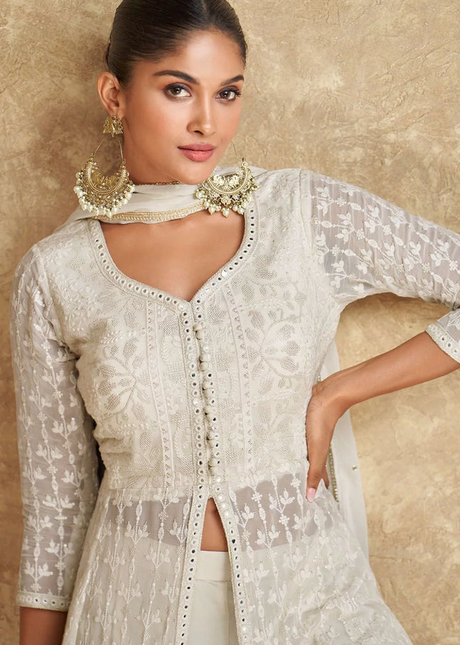 White Embroidered Jacket Style Sharara Suit