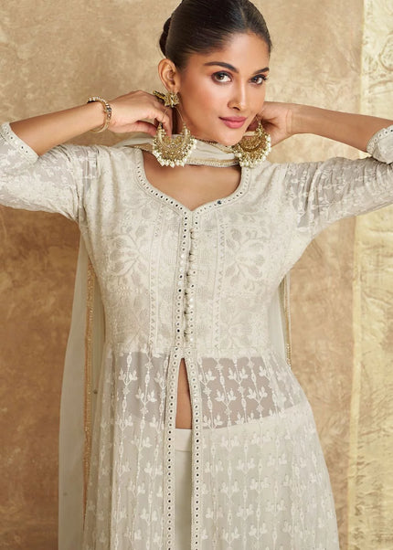 White Embroidered Jacket Style Sharara Suit