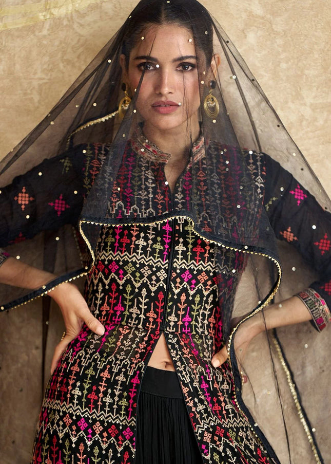 Black Embroidered Jacket Style Sharara Suit