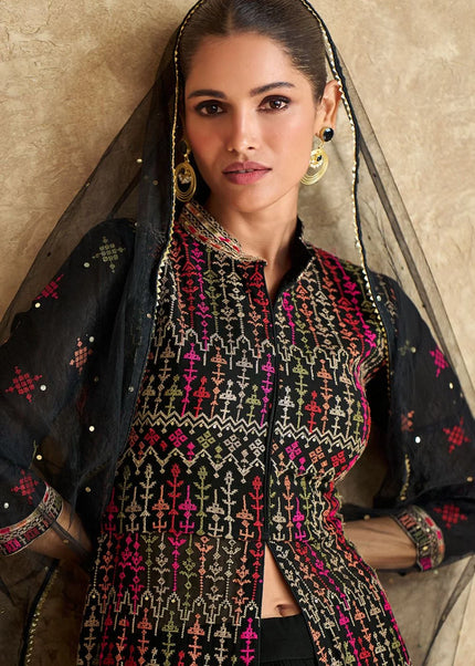 Black Embroidered Jacket Style Sharara Suit