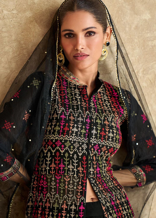 Black Embroidered Jacket Style Sharara Suit