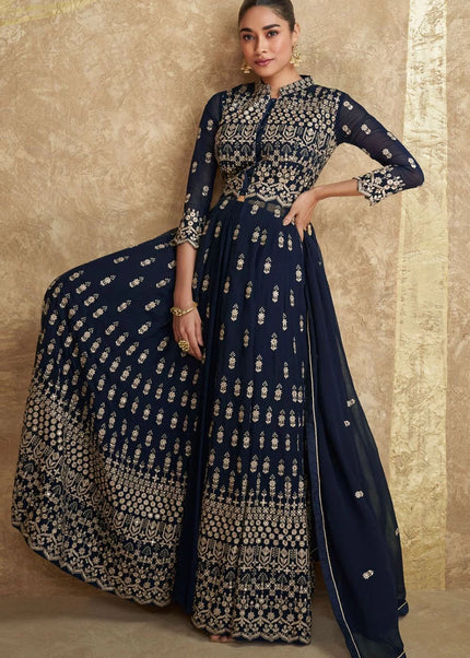 Blue Embroidered Jacket Style Sharara Suit