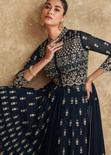 Blue Embroidered Jacket Style Sharara Suit