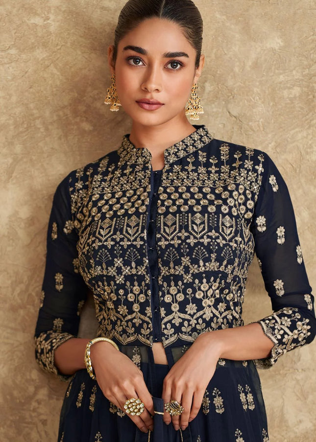 Blue Embroidered Jacket Style Sharara Suit