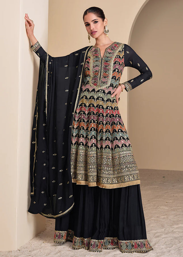 Navy Blue Embroidered Sharara Suit