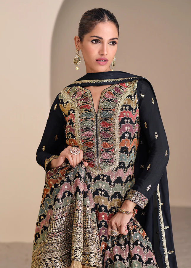 Navy Blue Embroidered Sharara Suit