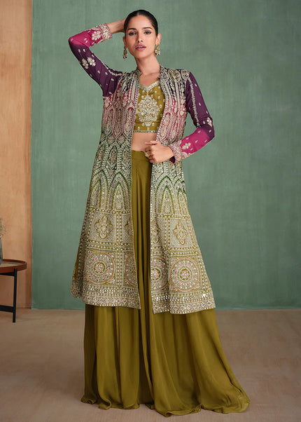 Purple and Olive Embroidered Jacket Style Sharara Suit