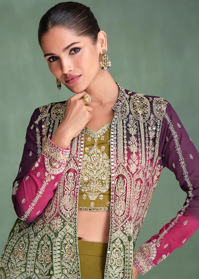 Purple and Olive Embroidered Jacket Style Sharara Suit