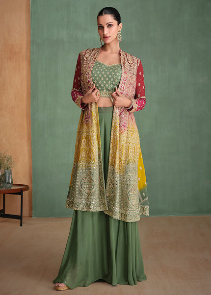 Pink and Green Embroidered Jacket Style Sharara Suit