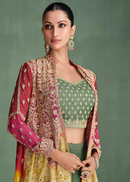 Pink and Green Embroidered Jacket Style Sharara Suit