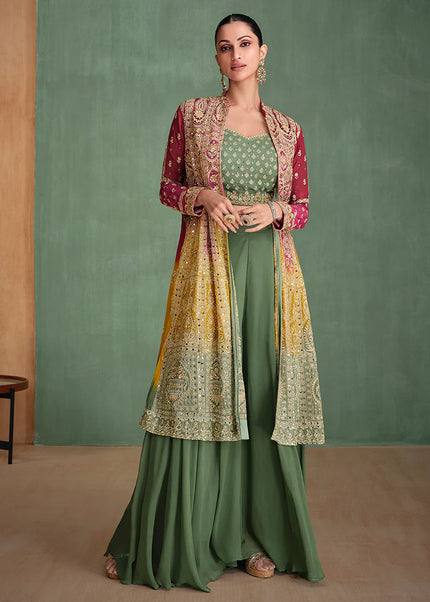 Pink and Green Embroidered Jacket Style Sharara Suit