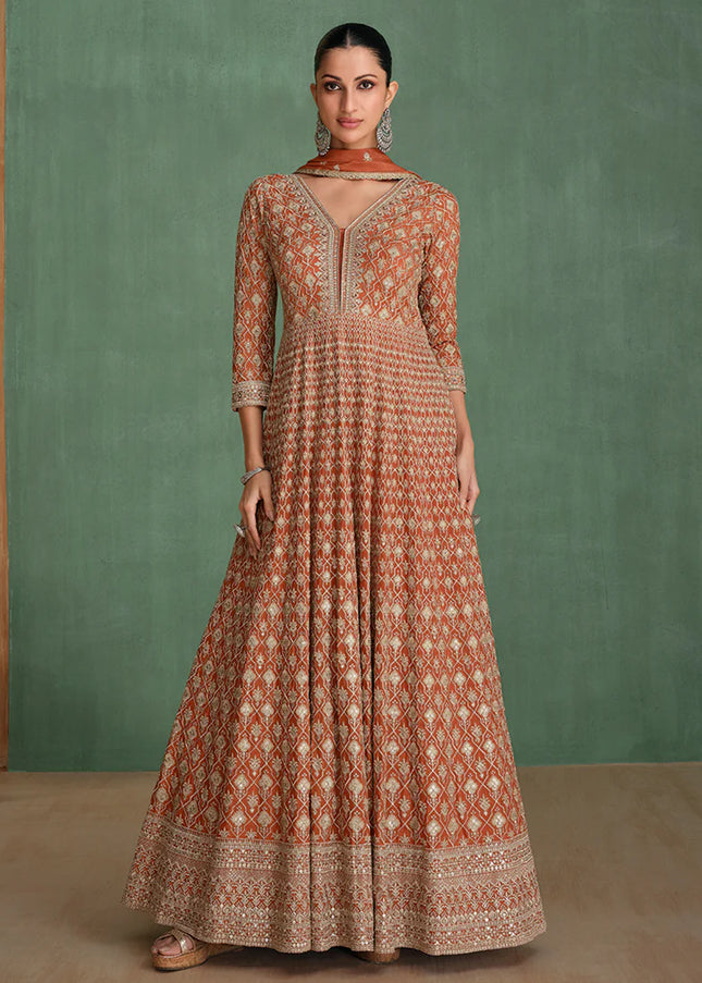 Rust Embroidered Anarkali Gown