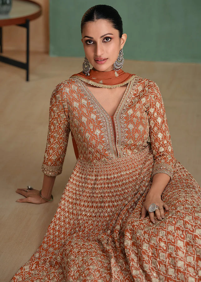 Rust Embroidered Anarkali Gown