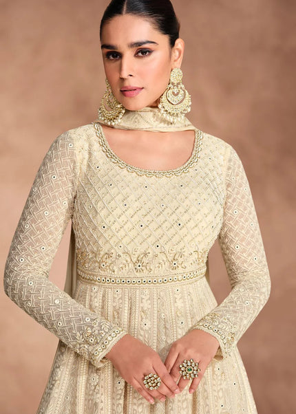 Cream Embroidered Anarkali Gown