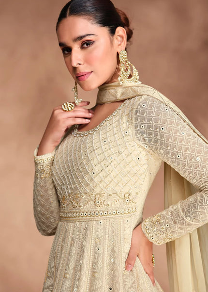 Cream Embroidered Anarkali Gown