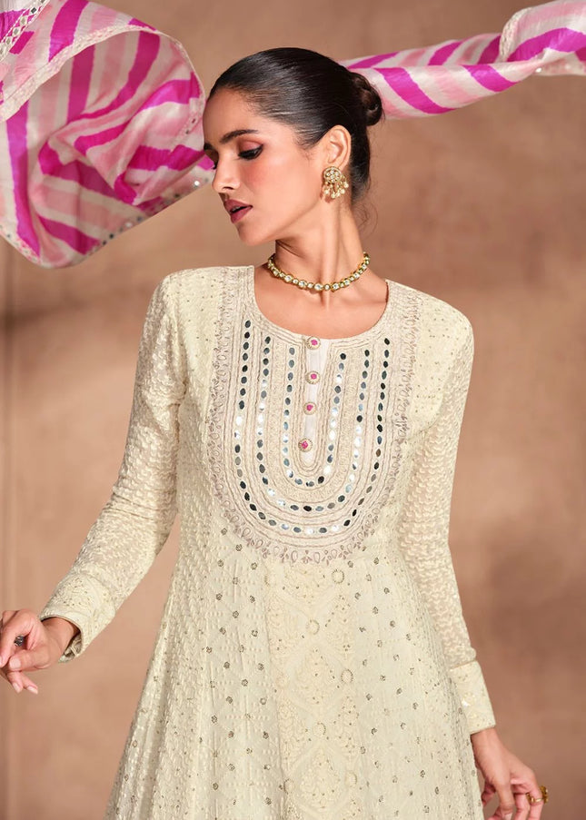 Cream Embroidered Anarkali Gown