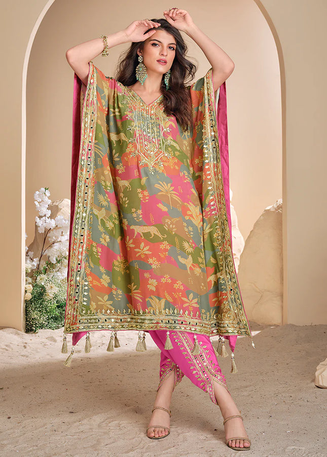 Green and Pink Embroidered Tulip Pant Style Suit