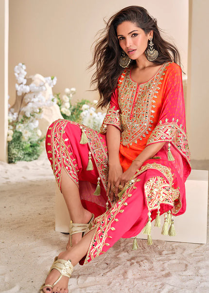 Pink and Orange Embroidered Tulip Pant Style Suit