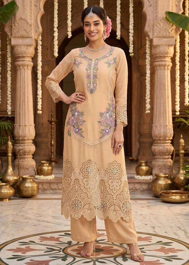 Beige Embroidered Pant Style Suit