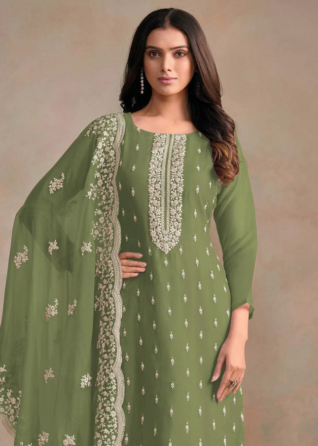 Green Embroidered Pant Style Suit