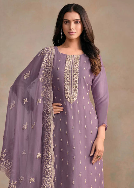 Purple Embroidered Pant Style Suit