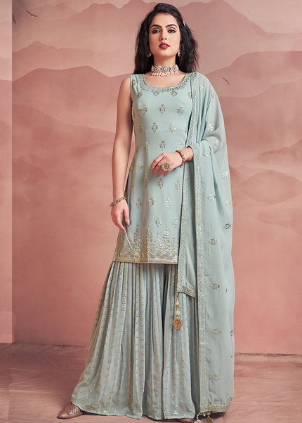 Smoke Blue Embroidered Gharara Suit