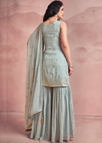 Smoke Blue Embroidered Gharara Suit