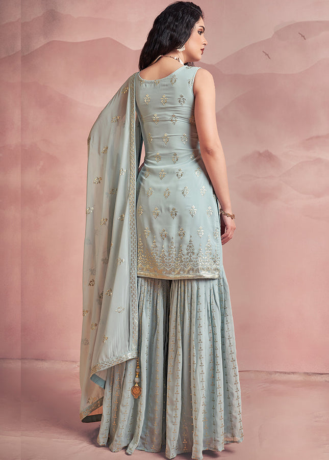 Smoke Blue Embroidered Gharara Suit