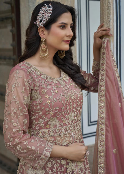 Mauve Embroidered Pant Style Anarkali