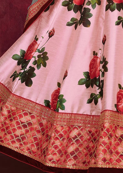 Rose Pink Floral Printed and Embroidered Lehenga Choli