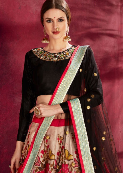 Black-Multicolor Floral Printed and Embroidered Lehenga Choli