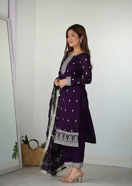 Purple Embroidered Pant Style Suit