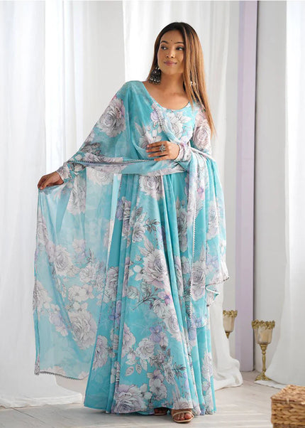 Sky Blue Floral Printed Anarkali Gown