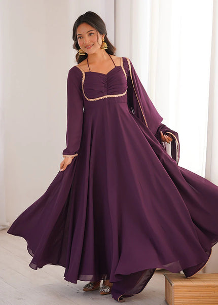 Purple Embroidered Anarkali Gown