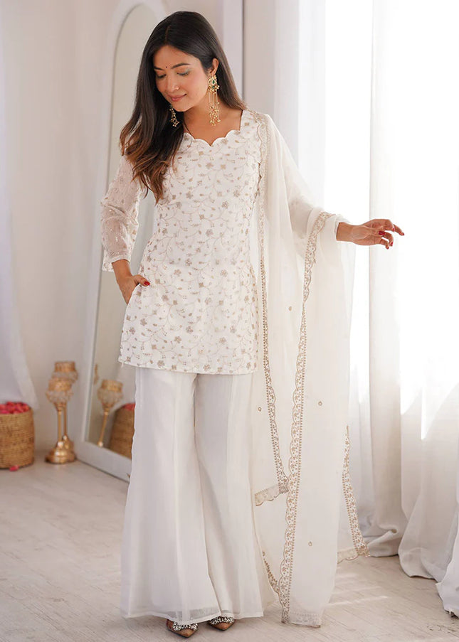 Offwhite Embroidered Palazzo Suit
