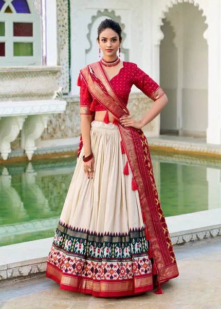 Offwhite and Red Embroidered Lehenga Choli